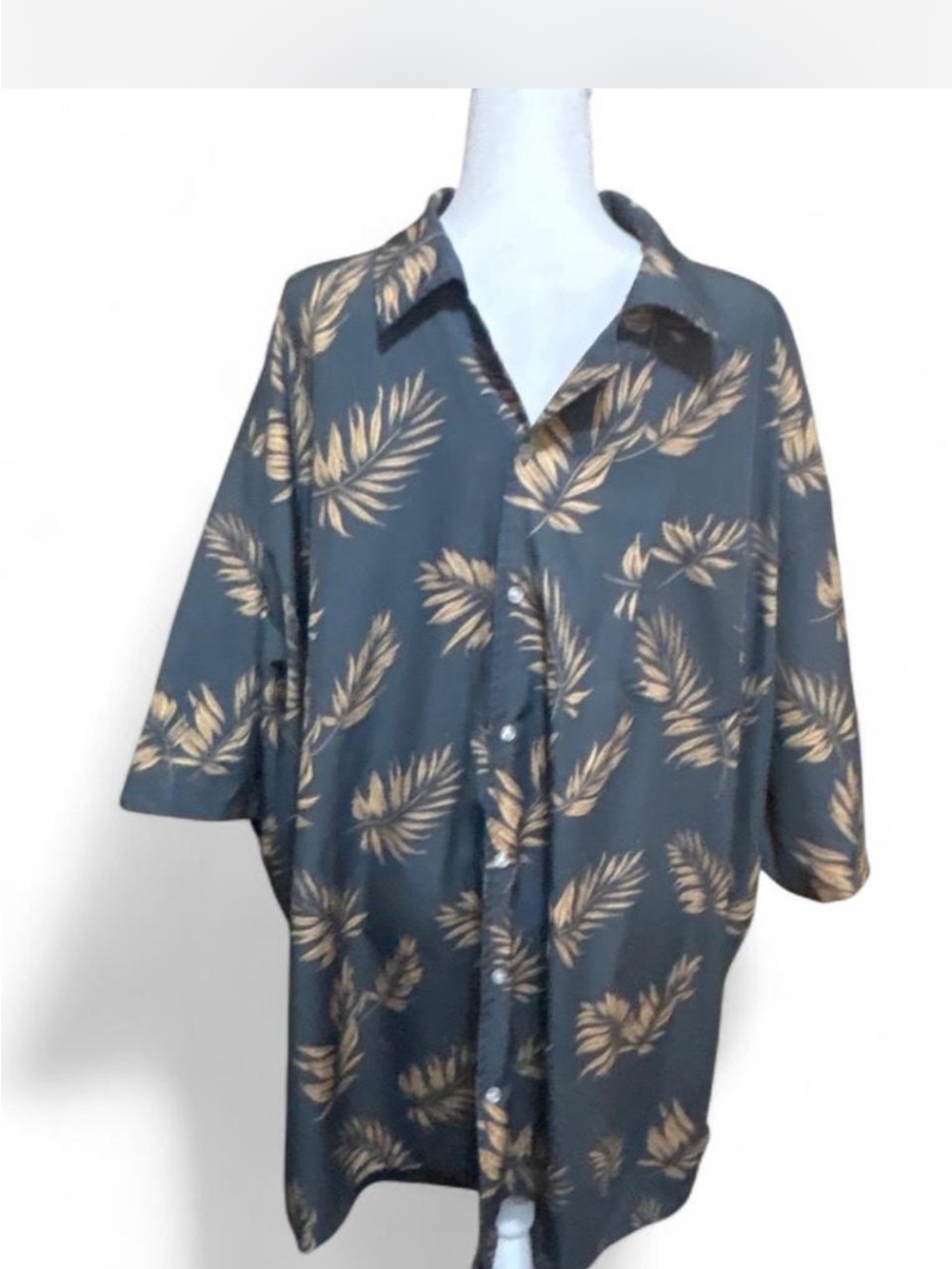 Men's 5 XL Casual Button-Down Shirt – Dark Teal with Beige Leaf Print big/tall